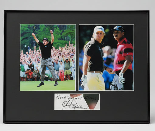 Golf Phil Mickelson Iconic Masters and Photo with Tiger with a Signed Cut Framed to 16x20